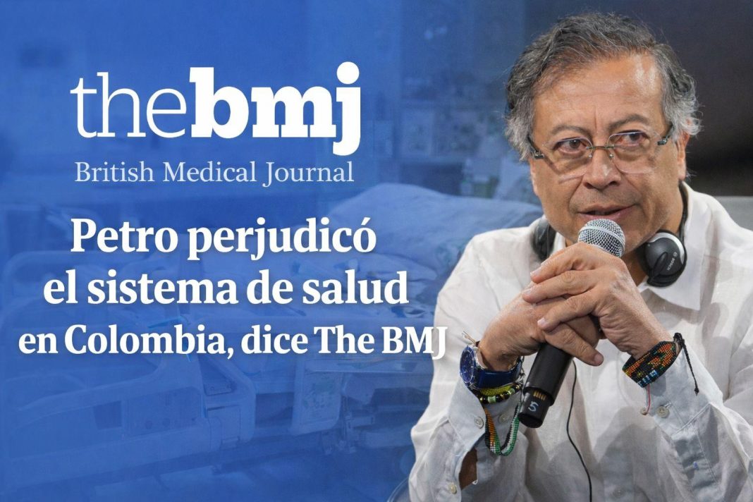 Ilustración que relaciona un artículo de The British Medical Journal con la crisis del sistema de salud en Colombia