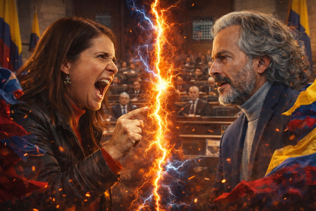 Ilustración de Paloma Valencia y Juan Daniel Oviedo enfrentados en el Congreso de la República, divididos por un rayo de energía que simboliza sus diferencias políticas.