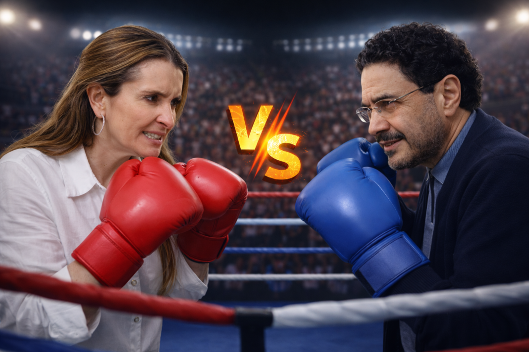 Fotomontaje de la senadora Paloma Valencia y el senador Iván Cepeda con guantes de boxeo en un ring, representando su enfrentamiento político en el Congreso por las elecciones de 2026.