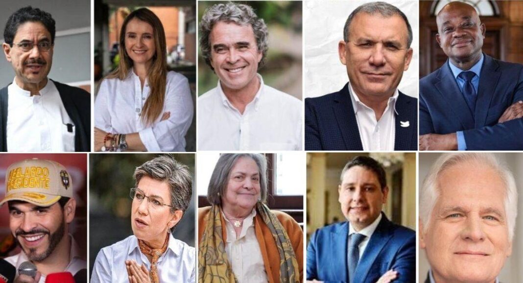 Collage de fotografías con los rostros de varios líderes políticos y candidatos oficiales a la presidencia de Colombia en la actual contienda electoral.