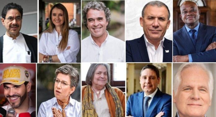 Collage de fotografías con los rostros de varios líderes políticos y candidatos oficiales a la presidencia de Colombia en la actual contienda electoral.