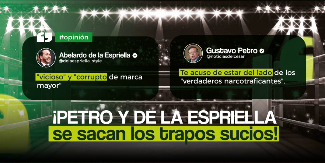 Infografía de la pelea entre Gustavo Petro y Abelardo de la Espriella con frases de ataques personales en un ring de boxeo.