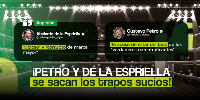 Infografía de la pelea entre Gustavo Petro y Abelardo de la Espriella con frases de ataques personales en un ring de boxeo.