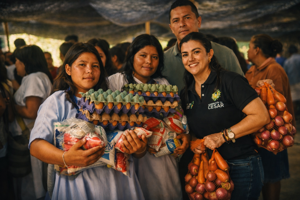 Representantes de la Gobernación del Cesar entregando paquetes de huevos y verduras a mujeres de comunidades locales.