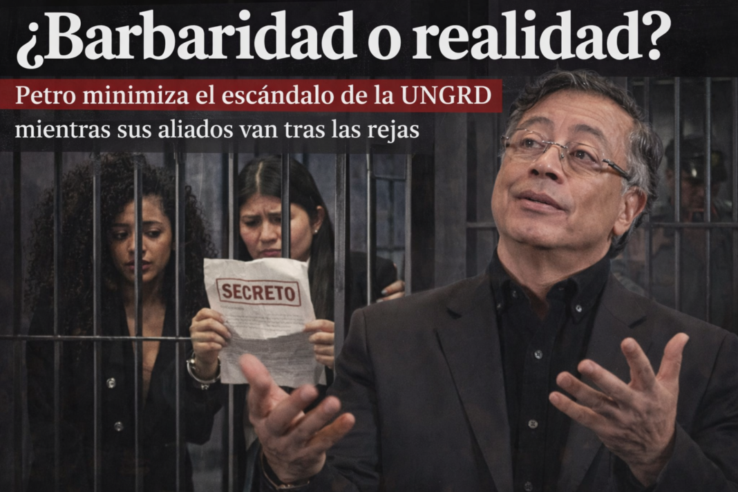 Montaje del presidente Gustavo Petro gesticulando frente a una celda donde aparecen Karen Manrique y otros aliados con documentos secretos, ilustrando la polémica por minimizar la corrupción.