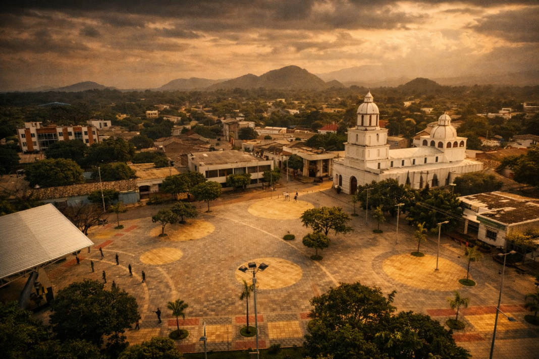 Vista aérea panorámica del parque principal del municipio de San Diego en el departamento del Cesar, Colombia, al atardecer bajo un cielo nublado y dorado. Se aprecia el diseño geométrico del parque pavimentado con palmeras y, al fondo, la imponente arquitectura blanca de la iglesia colonial del pueblo. Al horizonte se observan las colinas cubiertas de vegetación de la Serranía del Perijá, bajo una luz cálida y sepia.