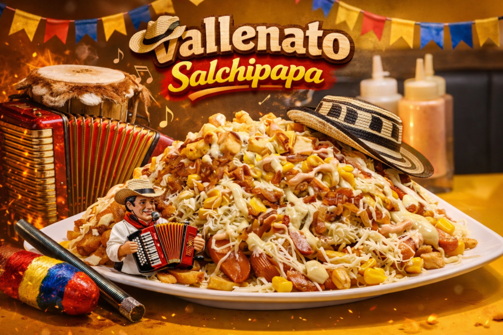 Un enorme plato de salchipapa rebosante de queso, salsas y aderezos, rodeado por un acordeón, una caja vallenata, una guacharaca y un sombrero vueltiao, bajo un letrero que dice Vallenato Salchipapa.
