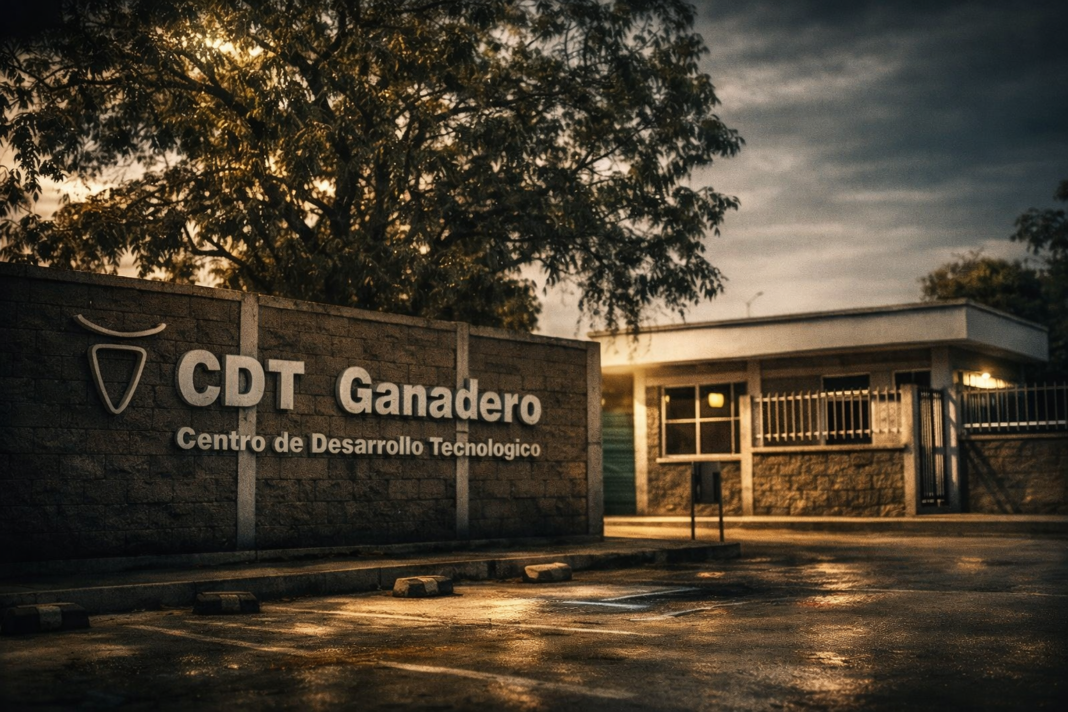 Fotografía exterior del muro principal del CDT Ganadero, Centro de Desarrollo Tecnológico en el departamento del Cesar, con letras en relieve y el logo minimalista de un toro. La imagen tiene un tono dramático al atardecer sobre el asfalto mojado, reflejando la imponente infraestructura de ciencia e innovación dedicada a los productores rurales y la ganadería.