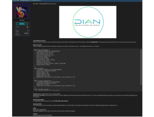 Captura de pantalla de un foro de hacking que anuncia la venta de una base de datos de la DIAN Colombia con 18 millones de registros y estructura SQL.