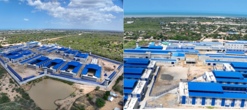 Collage de vistas aéreas de la nueva cárcel de Riohacha mostrando la extensión de los pabellones y su ubicación cerca de la costa.