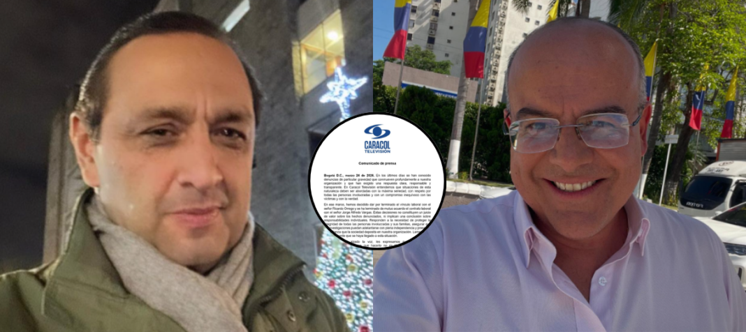 Composición fotográfica del escándalo en Caracol Televisión. A la izquierda, el comentarista deportivo Ricardo Orrego; a la derecha, el presentador de noticias Jorge Alfredo Vargas. En el centro, se destaca el comunicado de prensa oficial emitido por Caracol el 24 de marzo de 2026, confirmando la terminación de sus contratos laborales tras las graves denuncias.
