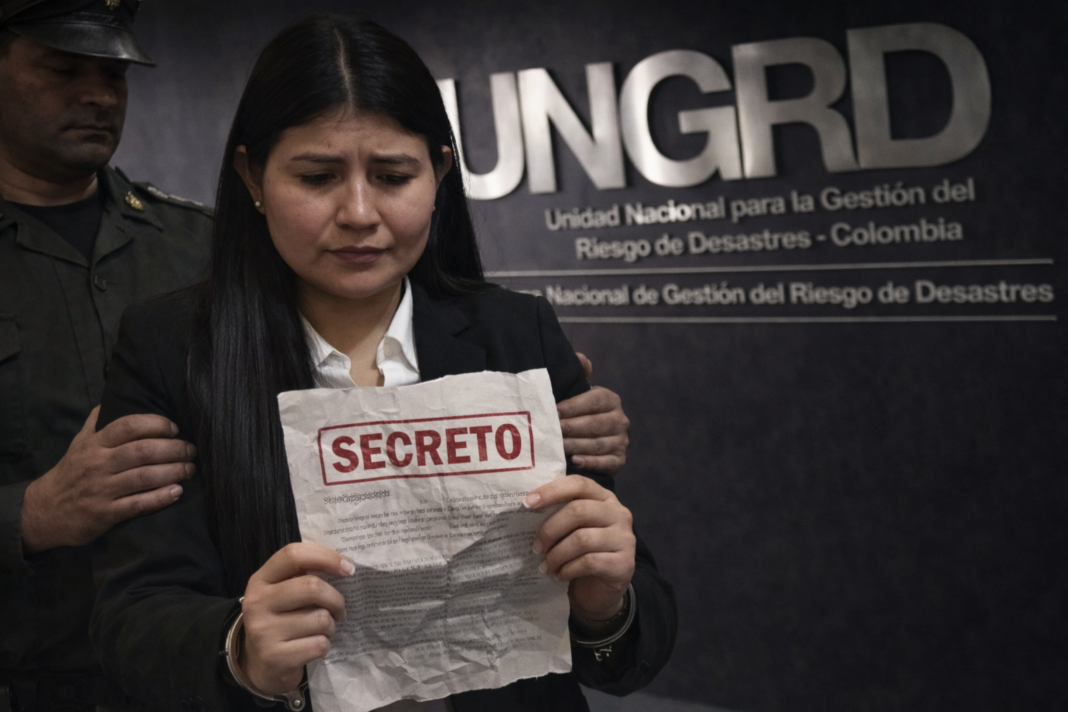 Representante Karen Manrique capturada y esposada, sosteniendo un documento secreto que la vincula al entramado de corrupción de la UNGRD.