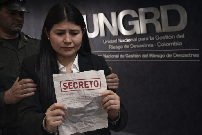 Representante Karen Manrique capturada y esposada, sosteniendo un documento secreto que la vincula al entramado de corrupción de la UNGRD.