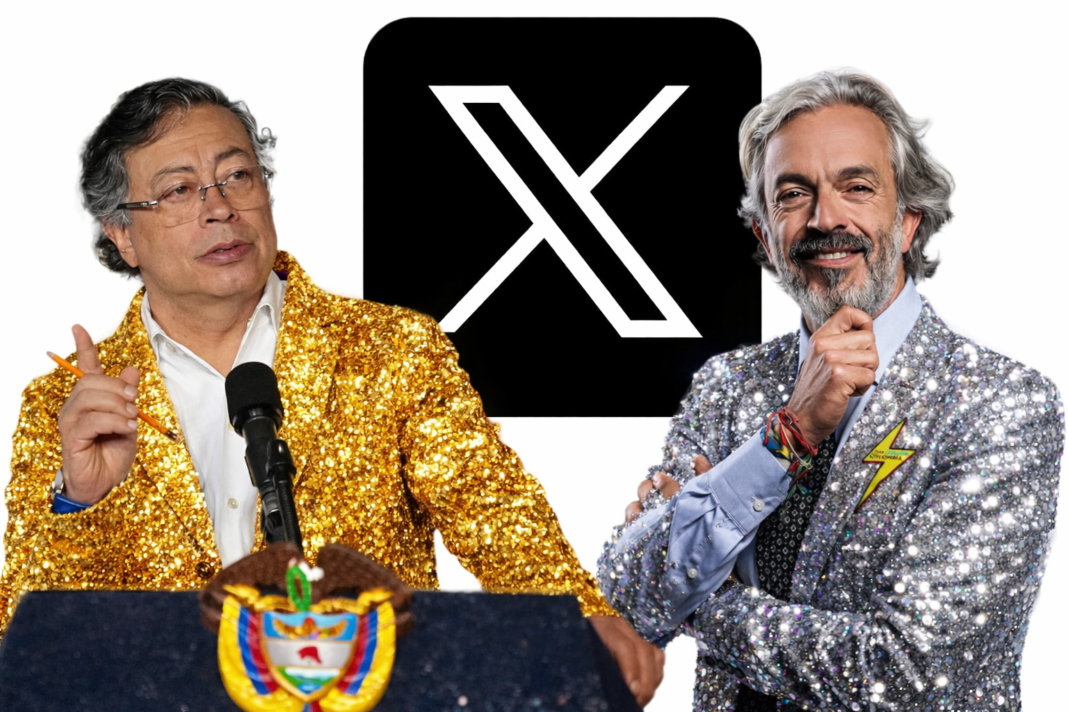 Montaje con el presidente Gustavo Petro y Juan Daniel Oviedo con el logo de la red social X al fondo, ilustrando el ataque de Petro a los votantes de Oviedo.