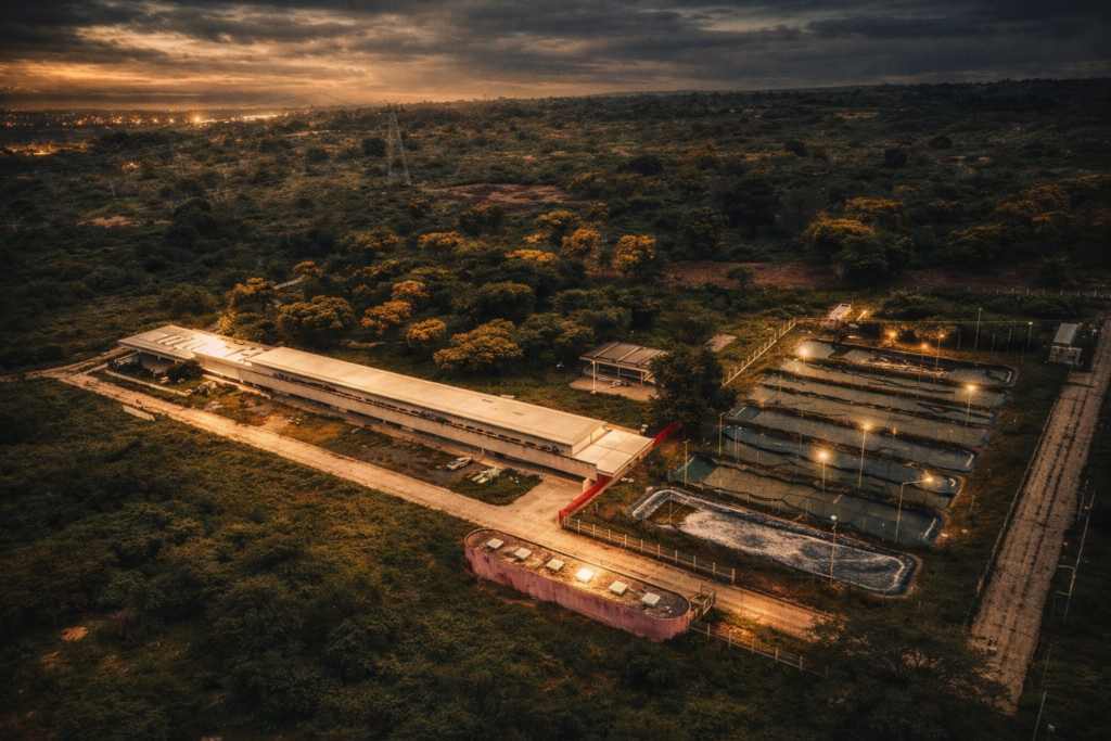 Fotografía aérea tomada al atardecer que muestra las extensas instalaciones del Centro de Desarrollo Tecnológico Pesquero, CDT Pesquero, en el departamento del Cesar. Se observa un edificio principal alargado de arquitectura moderna junto a una serie de piscinas rectangulares de acuicultura iluminadas por potentes reflectores y rodeadas de abundante vegetación. La imagen captura la enorme infraestructura dedicada a la investigación, la productividad y el fortalecimiento de la pesca artesanal en la región.