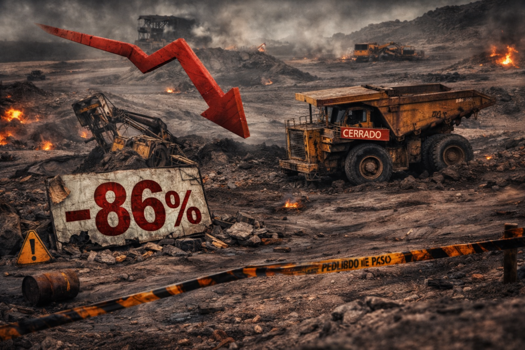 Panorámica de explotación minera en Colombia con maquinaria pesada, usada para representar la fuerte caída de más del 86 % del sector minero nacional.