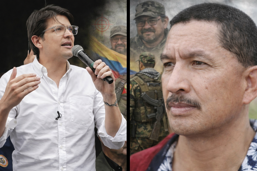 2026. Izquierda: Líder civil hablando con un micrófono, con presencia militar borrosa, bandera y una mira telescópica roja superpuesta. Derecha: Hombre con bigote con soldados armados en el fondo.