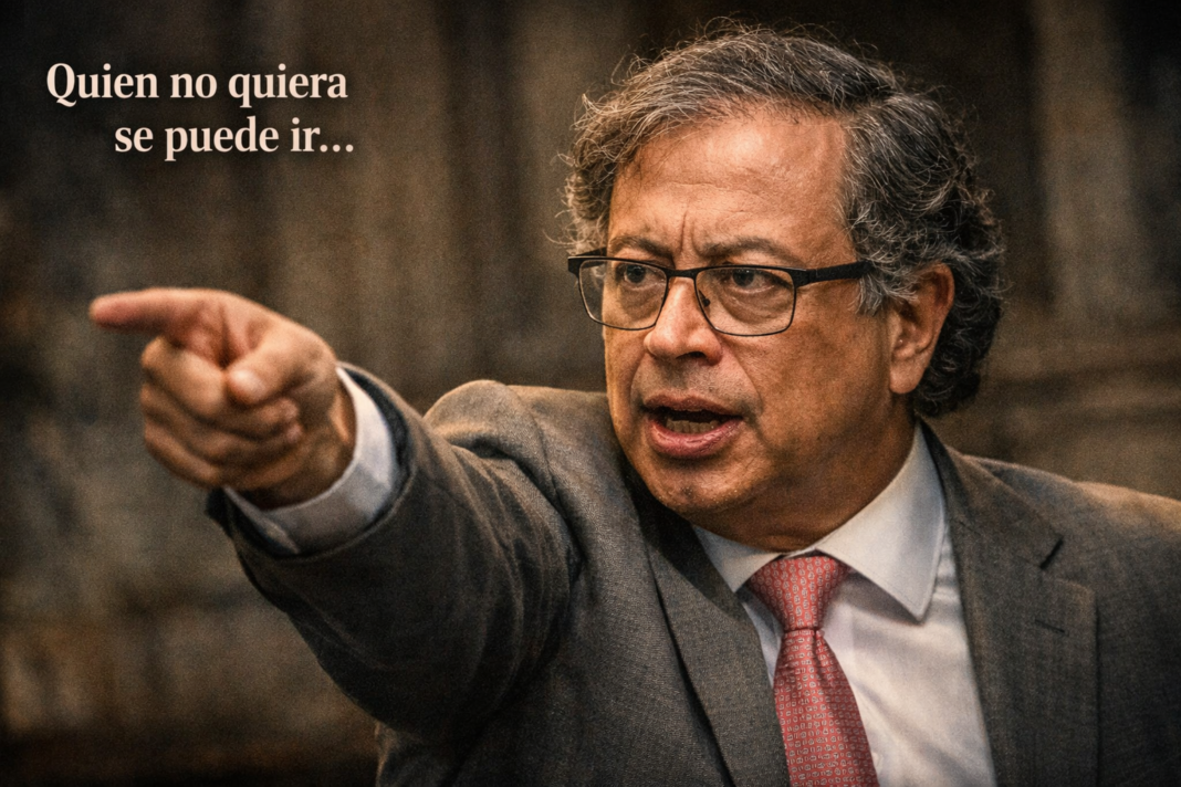 Fotografía de Gustavo Petro apuntando con determinación hacia adelante con expresión seria. La imagen incluye un texto en la esquina superior izquierda que dice: 