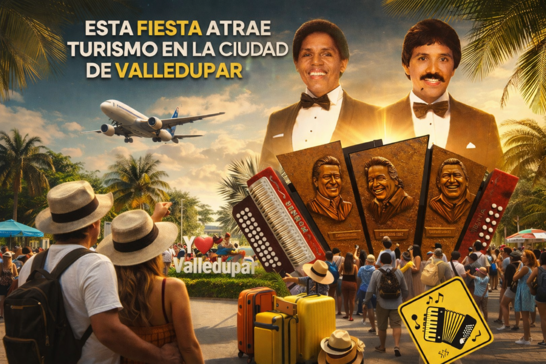 Turistas tomándose fotos en el monumento de la Glorieta de Los Juglares en Valledupar, con los rostros de Diomedes Díaz, Jorge Oñate y Poncho Zuleta.