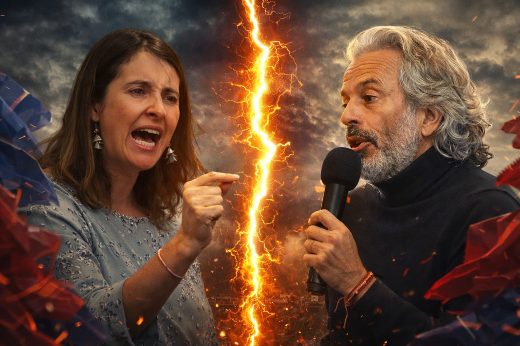 Ilustración de Paloma Valencia y Juan Daniel Oviedo separados por un rayo, representando las diferencias políticas y el distanciamiento de su alianza para 2026.