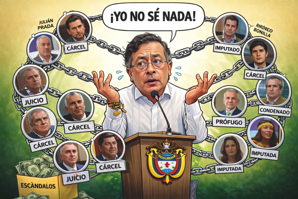 Caricatura satírica de Gustavo Petro rodeado de sus funcionarios en situaciones judiciales (cárcel, imputado, prófugo) mientras exclama "¡Yo no sé nada!".