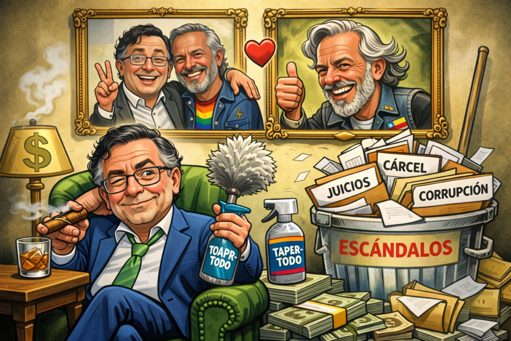 Caricatura satírica sobre la corrupción en el gobierno, mostrando a un funcionario rodeado de fajos de dinero y productos para "tapar" escándalos de cárcel y juicios.