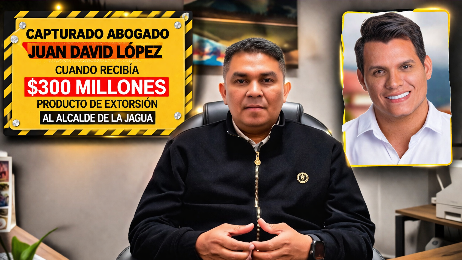 Captura de abogado Juan David López por extorsión a alcalde de La Jagua Miniatura de video de noticia que detalla la captura en flagrancia del abogado Juan David López en Valledupar. Un cartel grande dice "CAPTURADO ABOGADO JUAN DAVID LÓPEZ CUANDO RECIBÍA $300 MILLONES PRODUCTO DE EXTORSIÓN AL ALCALDE DE LA JAGUA". Un cartel pequeño dice "LE EXIGÍA $300 MILLONES AL ALCALDE PARA RETIRAR DENUNCIAS EN FISCALÍA". Incluye una foto pequeña insertada del alcalde de La Jagua, Leonardo Hernández.