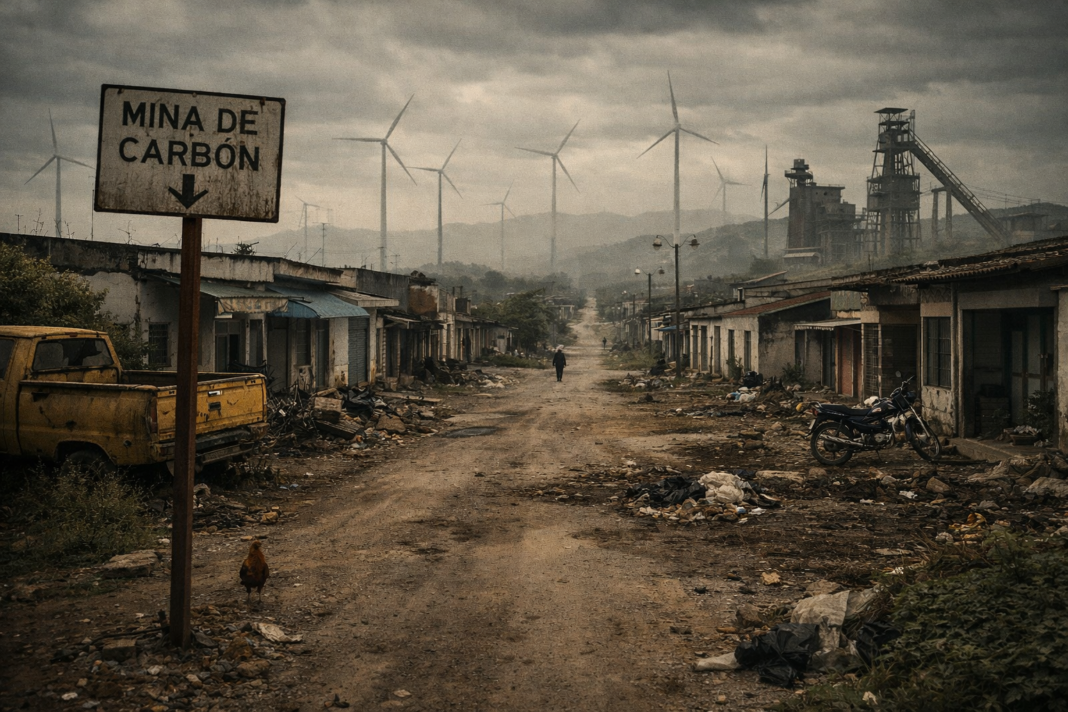Ilustración conceptual de una comunidad rural en proceso de transición energética, con paneles solares, aerogeneradores y habitantes en actividades productivas, simbolizando un cambio gradual que busca evitar impactos negativos en la economía local.