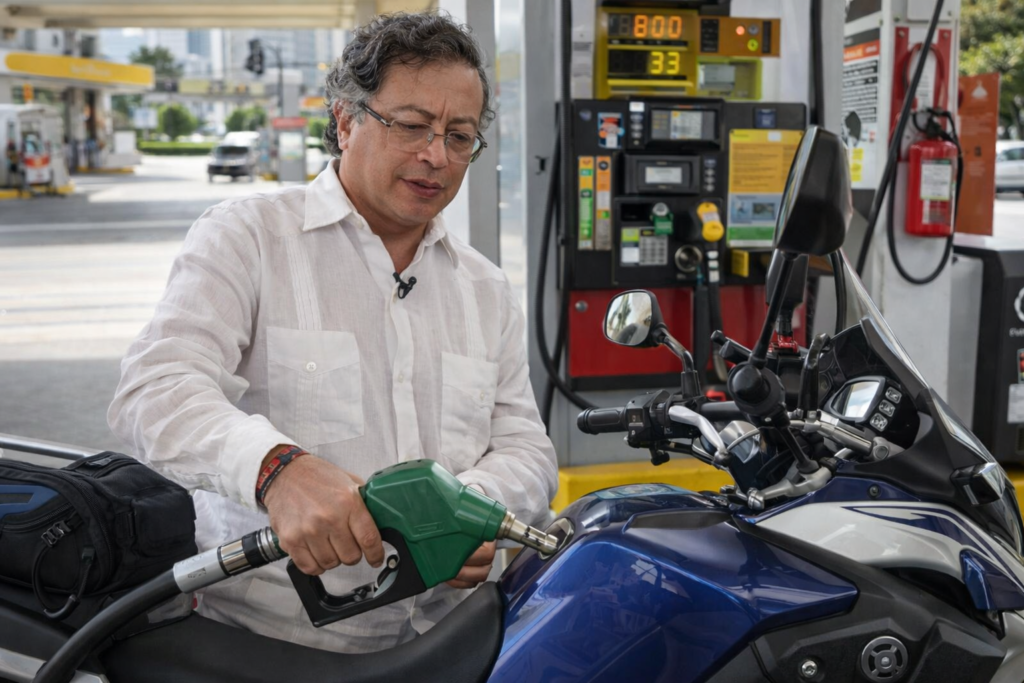Surtidores de gasolina en estación de servicio con precios superiores a 15.000 pesos por galón en Colombia
