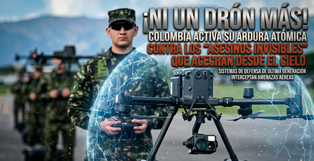 Soldados colombianos operando sistemas de defensa y escudo antidrones de última generación.