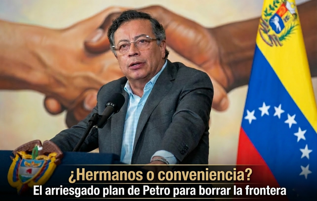 Montaje editorial de Gustavo Petro en un podio con la bandera de Venezuela y un mural de manos estrechándose al fondo. Incluye el titular 