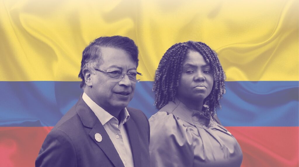 Composición artística de los rostros de Gustavo Petro y Francia Márquez sobre una bandera de Colombia ondeando, ilustrando tensiones políticas en el 2026.