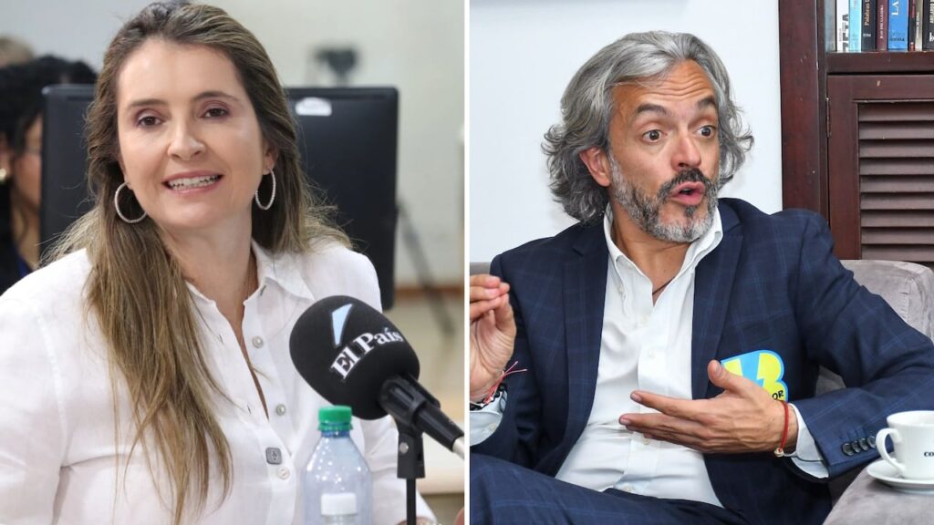 Díptico de Paloma Valencia y Juan Daniel Oviedo durante intervenciones públicas - Política colombiana.