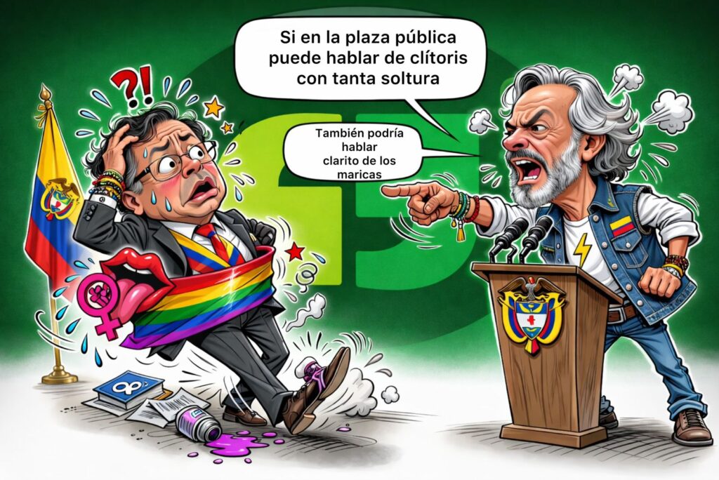 Caricatura de Juan Daniel Oviedo confrontando a Gustavo Petro en un podio con la frase sobre el clítoris y la comunidad LGBTIQ+.