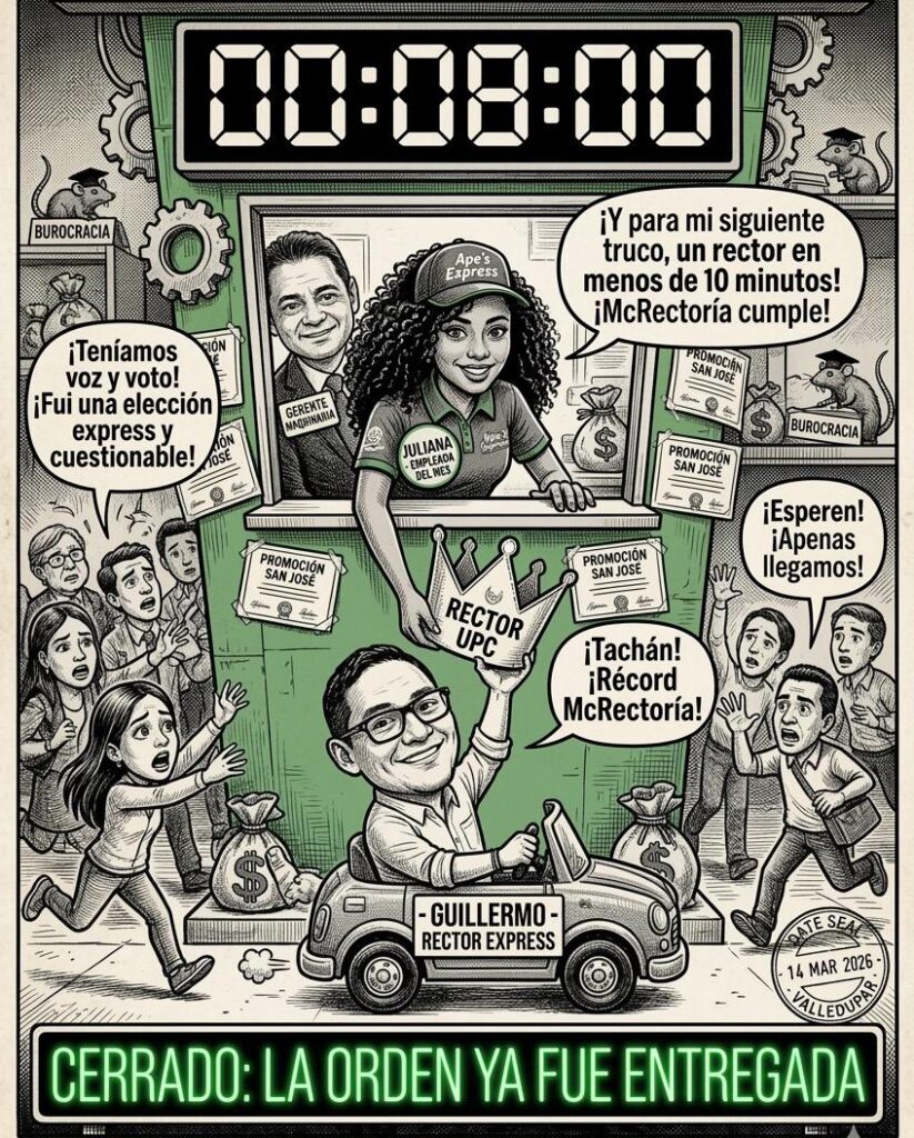 Caricatura satírica de la "McRectoría" en la UPC, mostrando a Guillermo Echavarría como "Rector Express" y a Juliana Guerrero entregando la corona en una elección de 8 minutos.