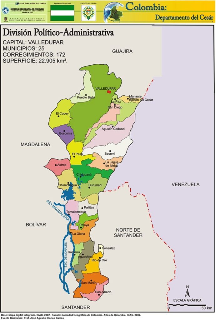 Mapa de la división político-administrativa del departamento del Cesar, Colombia, detallando sus 25 municipios y la extensión del territorio.