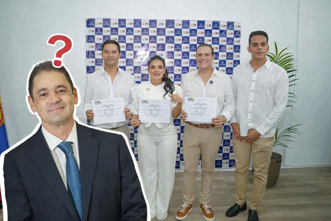 Montaje del congresista Ape Cuello con un signo de interrogación, resaltando su ausencia en la entrega oficial de credenciales del CNE junto a los nuevos representantes del Cesar