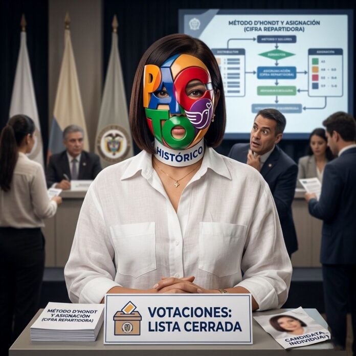 Ilustración conceptual de la candidata Alexandra Pineda con el rostro oculto bajo una máscara del logo del Pacto Histórico. Está sentada frente a un tarjetón de 