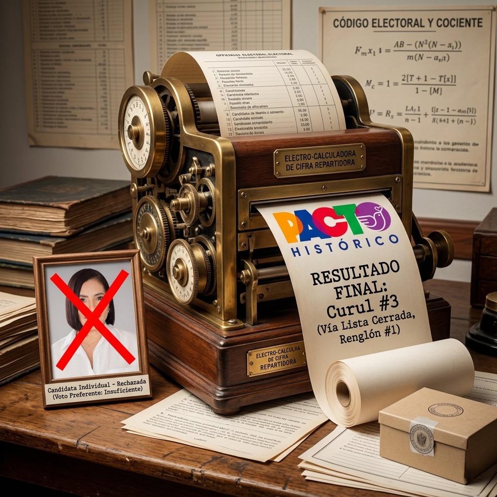 Una escena de escritorio de estilo vintage con una compleja máquina calculadora mecánica de latón inscrita como "ELECTRO-CALCULADORA DE CIFRA REPARTIDORA". La máquina imprime un rollo de papel que muestra el logo del partido político "PACTO HISTÓRICO" y el texto "RESULTADO FINAL: Curul #3 (Vía Lista Cerrada, Renglón #1)". A la izquierda, un portarretratos con la foto de una mujer cruzada por una gran 'X' roja tiene la etiqueta "Candidata Individual - Rechazada (Voto Preferente: Insuficiente)". Al fondo, documentos dispersos muestran fórmulas matemáticas electorales bajo el título "CÓDIGO ELECTORAL Y COCIENTE".