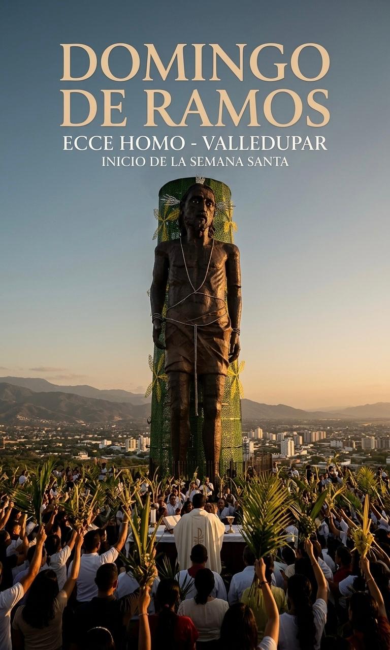 Fotografía del imponente monumento al Ecce Homo en Valledupar durante la multitudinaria celebración del Domingo de Ramos. En la base de la gigantesca estatua, un sacerdote con vestiduras blancas oficia la sagrada eucaristía frente a un altar, mientras cientos de feligreses levantan sus palmas verdes hacia el cielo en señal de fe. En la parte superior de la imagen resalta el texto Domingo de Ramos, Ecce Homo Valledupar, Inicio de la Semana Santa. Al fondo se aprecia el paisaje urbano de la ciudad y la cordillera bajo la cálida luz del sol.