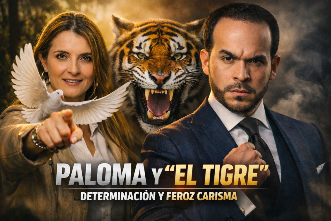 Composición periodística de Paloma Valencia y Abelardo de la Espriella junto a una paloma y un tigre como símbolos de determinación, fuerza y poder.