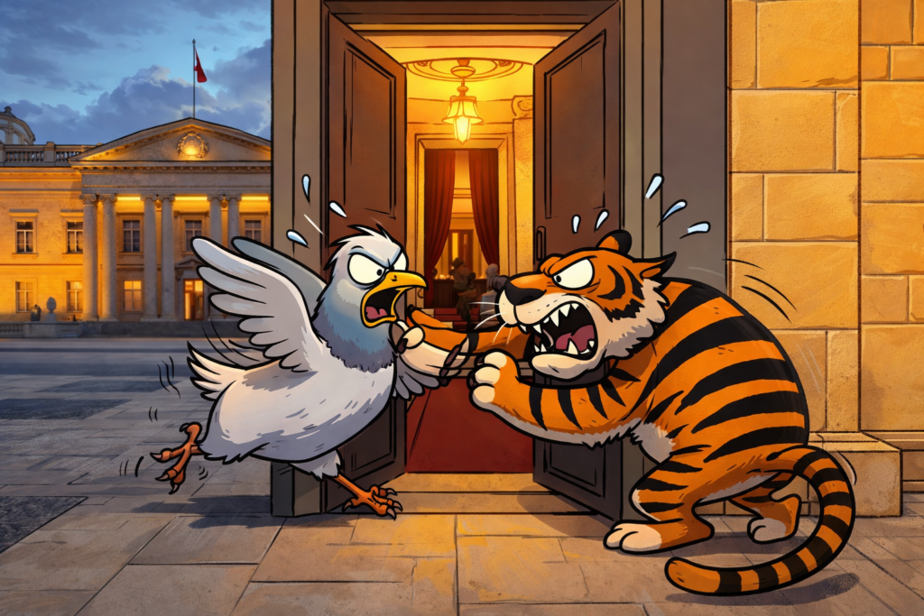 Caricatura de una paloma y un tigre enfrentándose en la entrada de un edificio presidencial, como símbolo de tensión y disputa política.