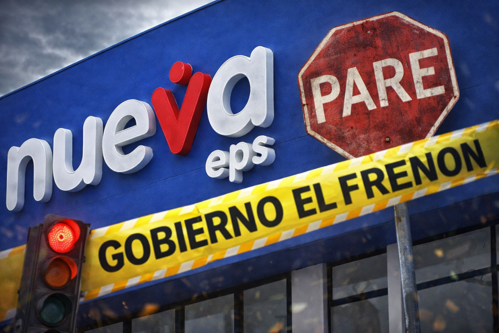 Ilustración del logo de la Nueva EPS con señales de PARE y una cinta que dice "Goberno el frenón", representando la suspensión judicial del traslado de pacientes.