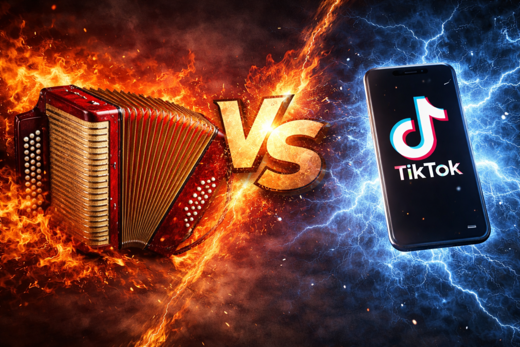 Un acordeón clásico envuelto en fuego frente a un teléfono celular con el logo de TikTok rodeado de rayos de energía, separados por un símbolo de VS. Representa el debate entre el vallenato tradicional y la música comercial viral de los jóvenes.