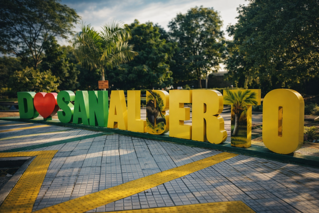 Vista aérea panorámica del municipio de San Alberto, Cesar, destacando su iglesia principal, el casco urbano y los extensos paisajes verdes del Magdalena Medio y la Cordillera.