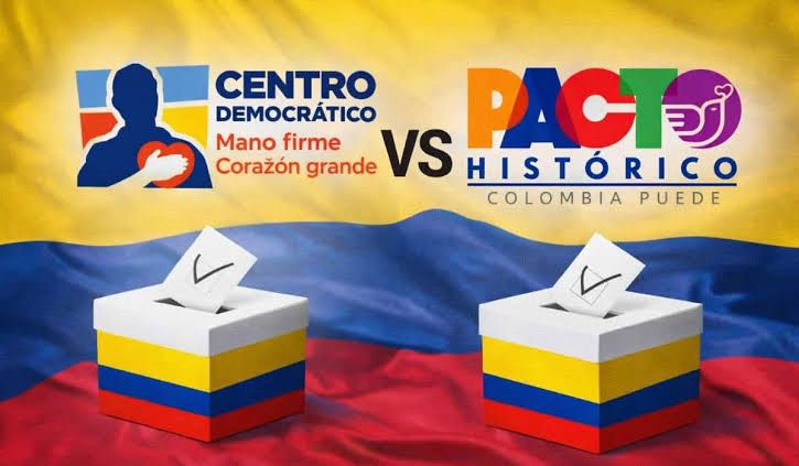 Representación de la polarización electoral entre el Centro Democrático (Paloma Valencia) y el Pacto Histórico (Gustavo Petro) en Colombia, en medio del debate por las acusaciones de 'guerra total' hacia 2026.