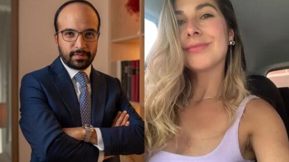 Fotografía dividida en dos paneles. A la izquierda, el abogado Felipe Peláez Reyes, vestido con traje oscuro, corbata azul y gafas, con los brazos cruzados y semblante serio. A la derecha, una selfi de Diana Ospina, víctima de secuestro en Bogotá, luciendo una blusa clara y sonriendo levemente. La imagen contrasta el rostro de la víctima del brutal paseo millonario con la figura del jurista que lidera su defensa y exige extinción de dominio para los criminales.