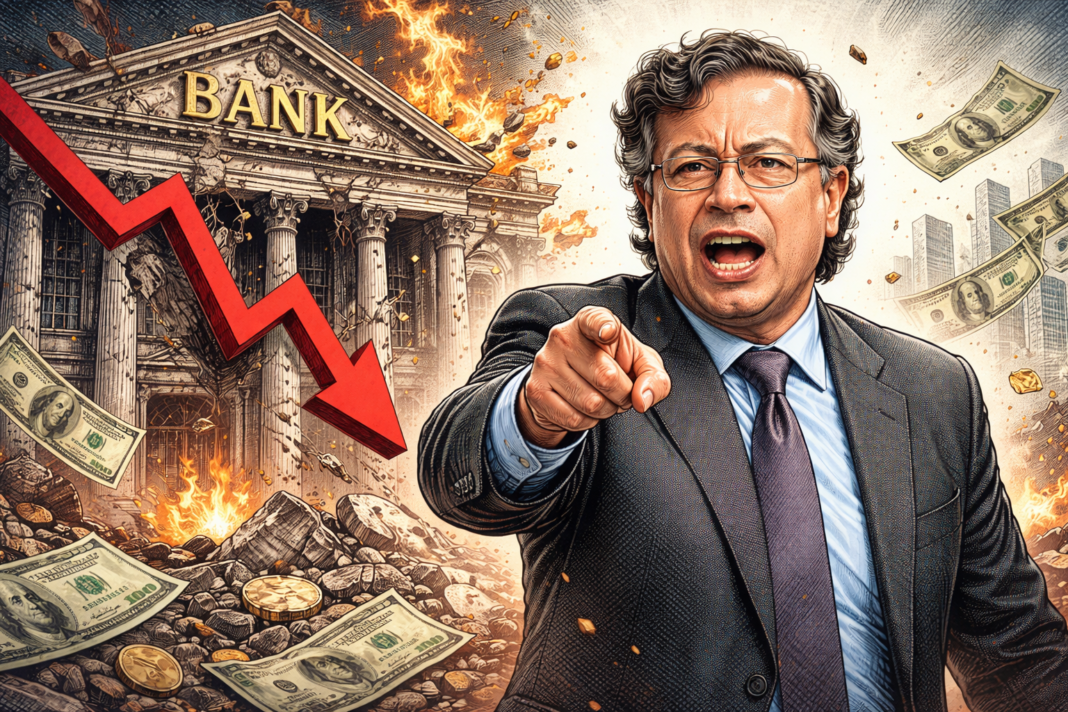 Ilustración a color del presidente Gustavo Petro con expresión de furia, gritando y señalando de forma acusadora hacia el frente. A sus espaldas, un imponente edificio de un banco de arquitectura clásica se derrumba envuelto en llamas, escombros y billetes de dólares volando por los aires. Una enorme flecha roja con fuerte tendencia a la baja atraviesa la escena, simbolizando el desplome económico, la caída de los mercados y una profunda crisis financiera.