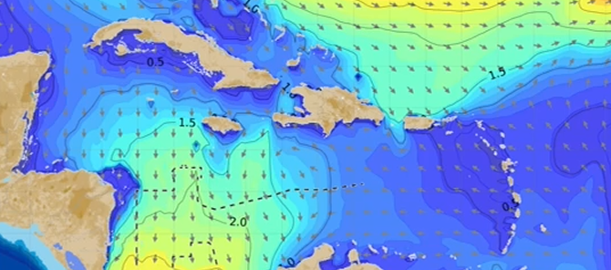 Mapa del pronóstico del tiempo en Colombia con nubes de lluvia según el Ideam.