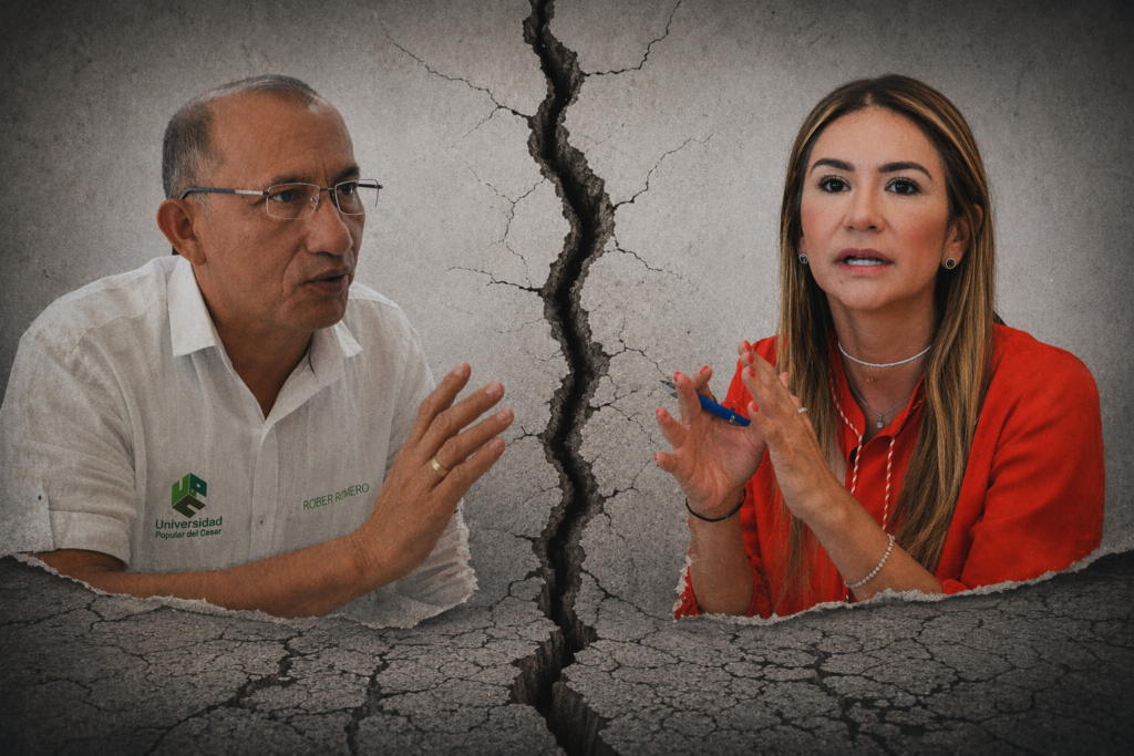 Discusión entre dos líderes del Cesar representando tensión institucional en un contexto político